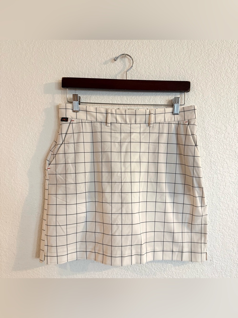 KJUS Womens Skort Skirt White Black Grid Print Stretch Side Zip Pockets Medium